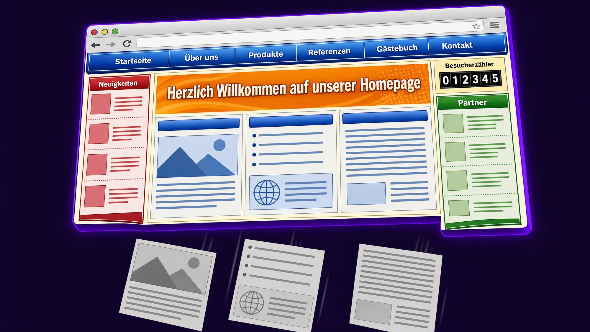 Eine seit Jahren unveränderte Webseite eines Handwerksbetriebs mit veralteten Inhalten, blass und aus der Zeit gefallen