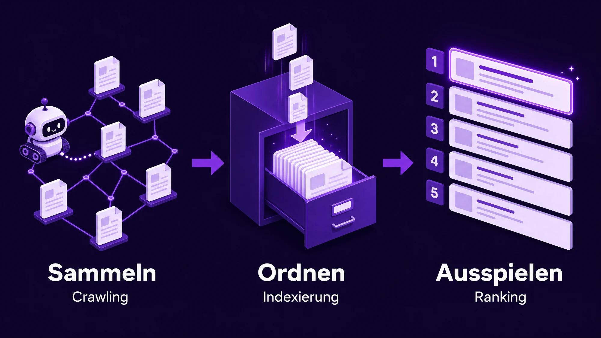 Die drei Stufen einer Suchmaschine: Sammeln, Ordnen, Ausspielen