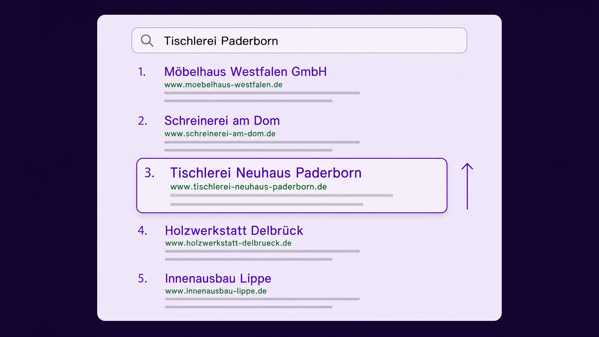 Eine Suchergebnisliste, ein Eintrag ist hervorgehoben und wandert nach oben