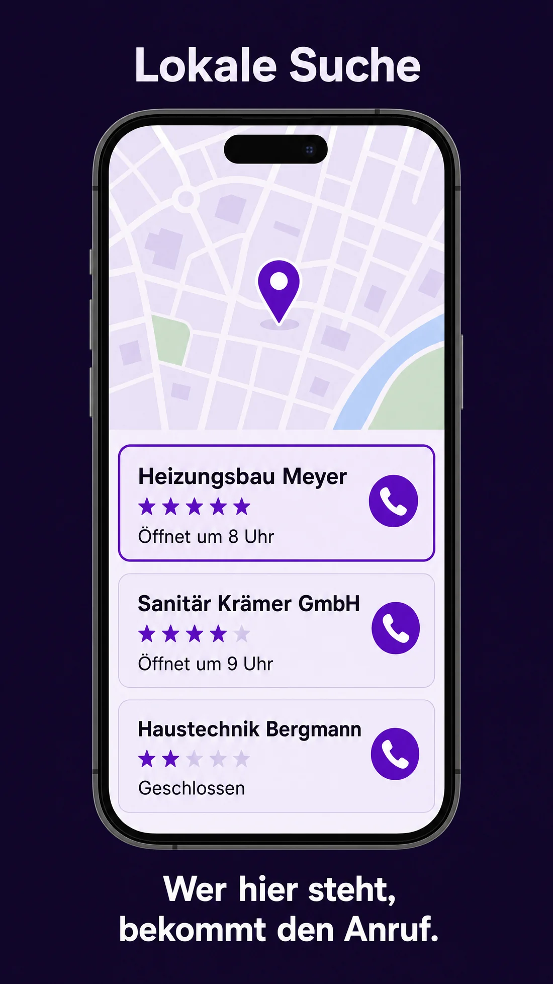 Smartphone mit lokalem Suchergebnis, Karte und drei Unternehmenseinträgen mit Anruf-Knopf