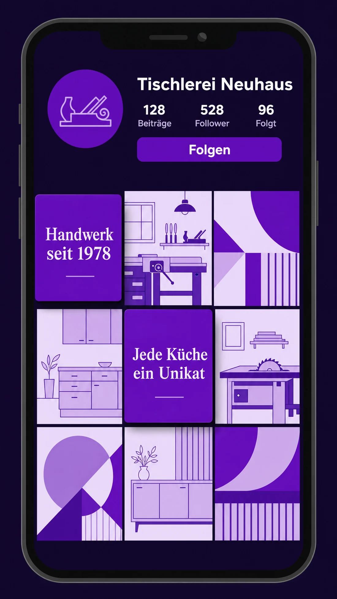 Social-Media-Profil eines Handwerksbetriebs mit neun Beiträgen in einheitlichem Markenlook