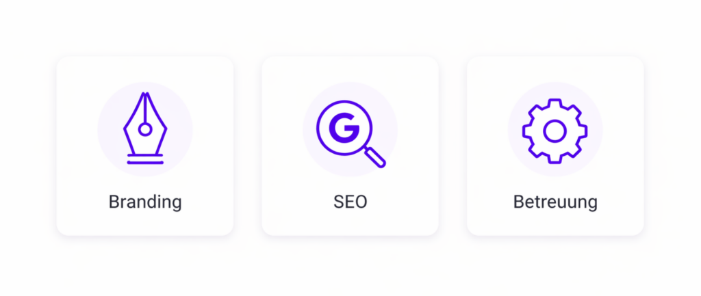 Service-Icons der Digitalagentur oriqen für Branding, SEO und laufende Website-Betreuung