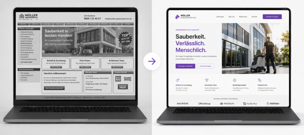 Vorher-Nachher-Vergleich einer Website-Modernisierung – alte überladene Website links, neue professionelle WordPress-Website rechts
