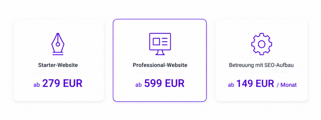 Preisübersicht der Digitalagentur oriqen – Starter-Website ab 279 Euro, Professional-Website ab 599 Euro, Betreuung ab 149 Euro monatlich