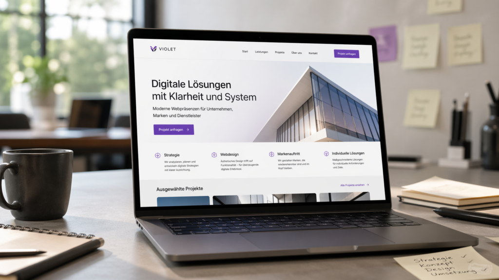 MacBook-Mockup einer modernen Digitalagentur-Website auf dem Schreibtisch – Website erstellen lassen in Paderborn