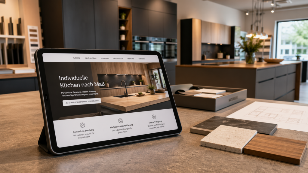 Tablet-Mockup einer professionellen Küchenstudio-Website im modernen Showroom – Webdesign für Handwerk und KMU in Paderborn
