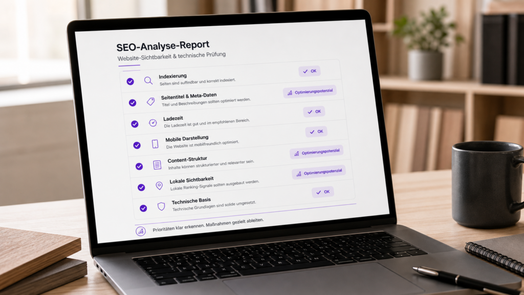 SEO-Analyse-Report auf Laptop-Bildschirm – Website-Sichtbarkeit und technische Prüfung durch die SEO-Agentur oriqen aus Paderborn