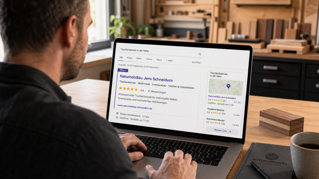 Tischlermeister am Laptop sieht sein Unternehmen auf Google Platz 1 – SEO und Website erstellen lassen mit oriqen Paderborn