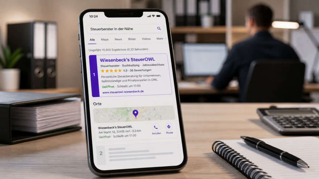 Smartphone zeigt Google-Suchergebnis Platz 1 für Steuerberater in OWL – lokale SEO für Dienstleister durch oriqen Paderborn