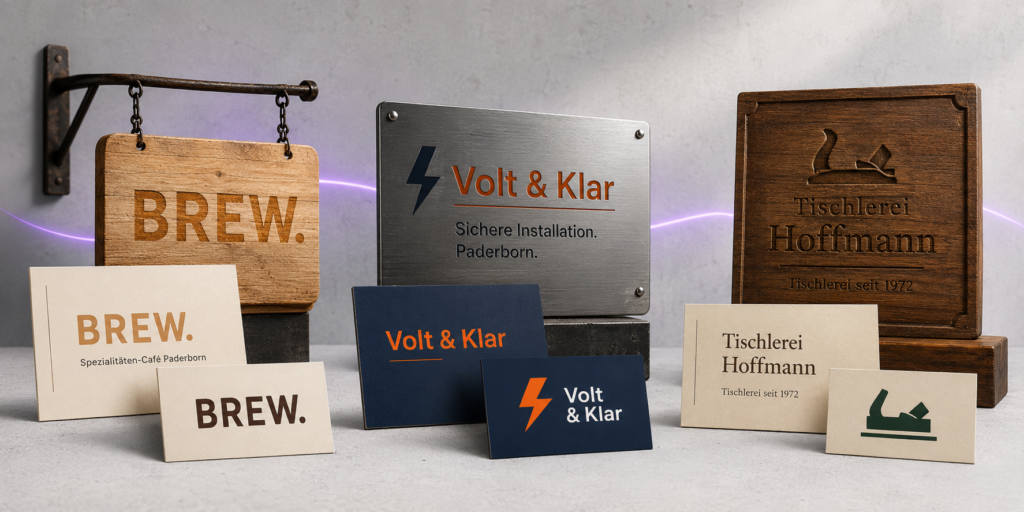 Drei Branding-Konzepte für Handwerksbetriebe und KMU aus Paderborn – Firmenschilder und Visitenkarten für Café, Elektrobetrieb und Tischlerei