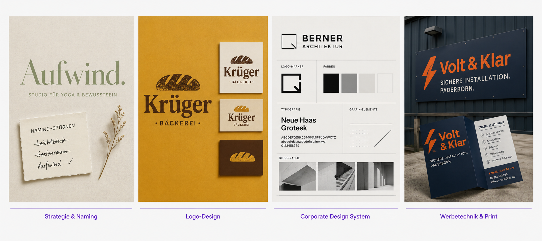 Vier Branding-Leistungen von oriqen im Überblick: Strategie und Naming, Logo-Design, Corporate Design System und Werbetechnik und Print für Unternehmen in Paderborn