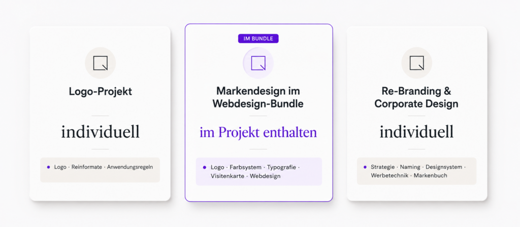 Branding-Preisübersicht von oriqen: Logo-Projekt individuell, Markendesign im Webdesign-Bundle enthalten, Re-Branding und Corporate Design individuell