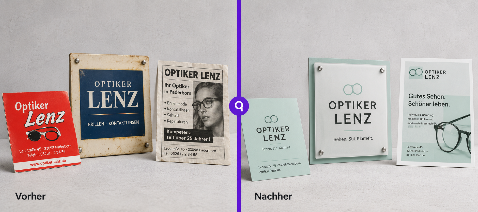 Vorher-Nachher-Vergleich eines Branding-Relaunches für einen Optiker in Paderborn – veraltetes Corporate Design links, modernes professionelles Branding rechts