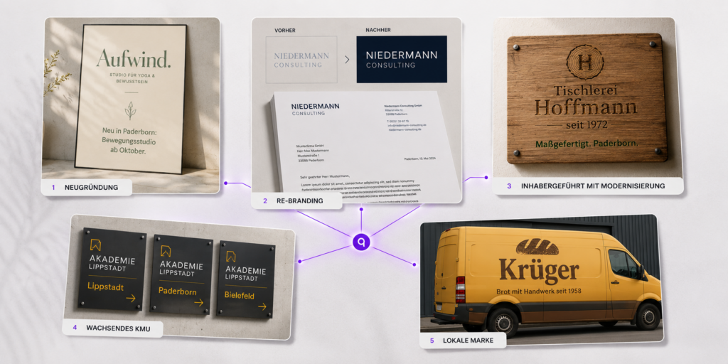 Fünf Branding-Anwendungsfälle von oriqen: Neugründung, Re-Branding, inhabergeführte Modernisierung, wachsendes KMU und lokale Marke – für Unternehmen in Paderborn und OWL