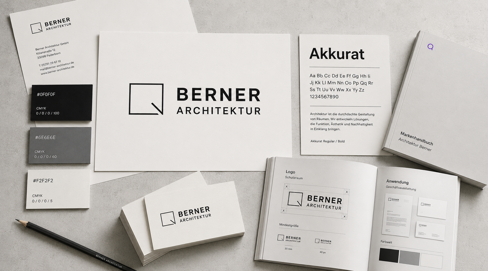Vollständiges Corporate Design System mit Markenhandbuch, Visitenkarten, Briefpapier, Farbpalette und Typografie für ein Architekturbüro aus Paderborn