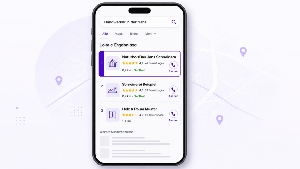 Illustration eines Smartphones mit Google Local Pack Platz 1 für Handwerker in der Nähe – lokale SEO für Handwerksbetriebe in Paderborn und OWL