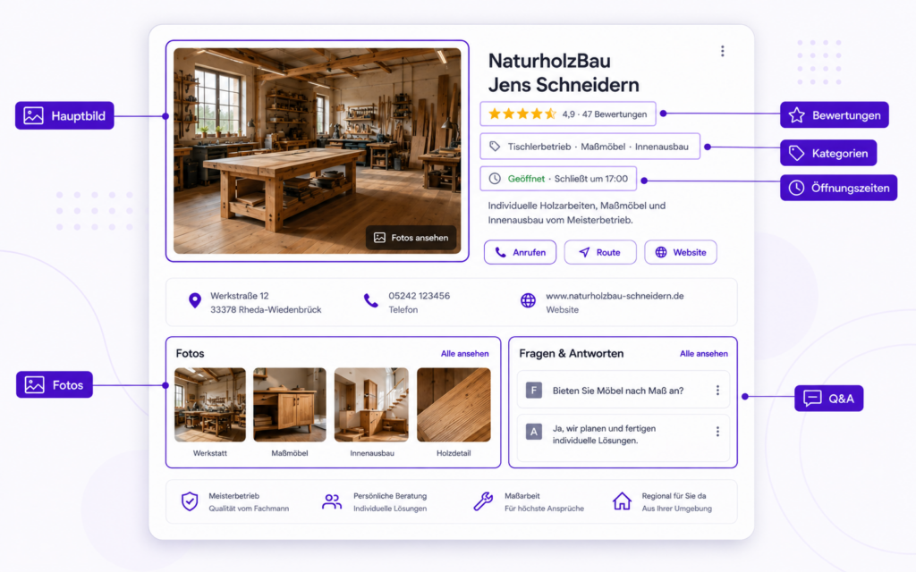 Erklärungsgrafik eines optimierten Google-Unternehmensprofils für einen Tischlerbetrieb – mit Hauptbild, Bewertungen, Kategorien, Öffnungszeiten, Fotos und Q&A