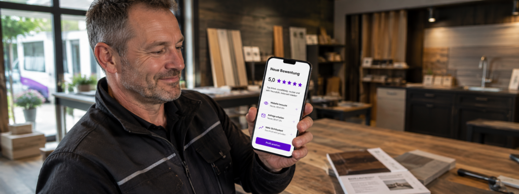 Handwerker in seinem Ausstellungsraum freut sich über eine neue 5-Sterne-Google-Bewertung auf dem Smartphone – mehr Sichtbarkeit durch oriqen Paderborn