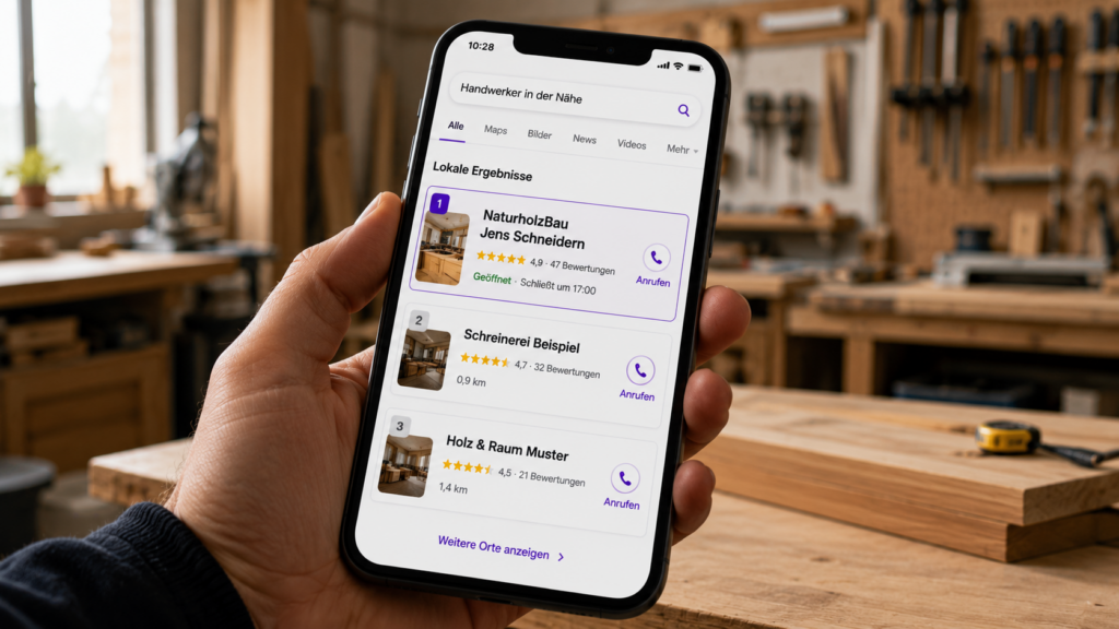 Hand hält Smartphone mit Google-Local-Pack-Ergebnis Platz 1 für Handwerker in der Nähe – lokale SEO für Handwerksbetriebe durch oriqen Paderborn
