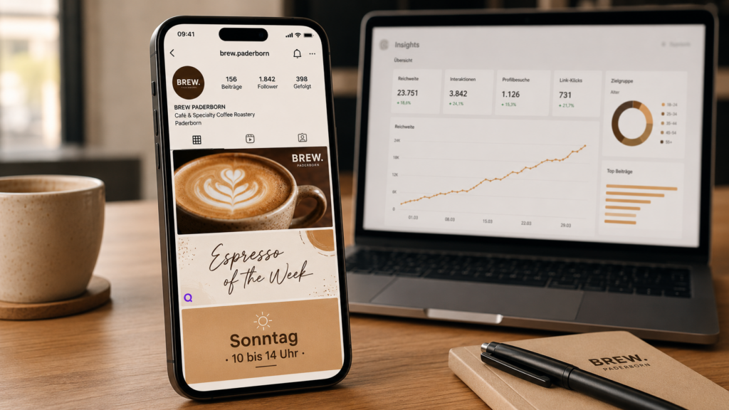 Instagram-Profil eines Paderborner Cafés auf dem Smartphone mit Social-Media-Insights-Dashboard im Hintergrund – Social Media Betreuung durch oriqen