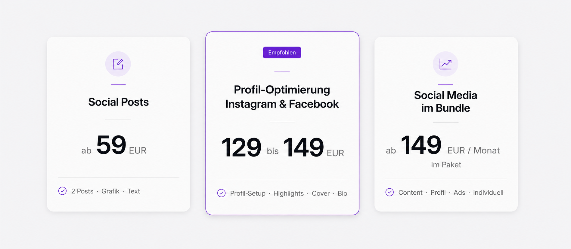 Social-Media-Preisübersicht der Digitalagentur oriqen: Social Posts ab 59 Euro, Profil-Optimierung 129 bis 149 Euro, Social Media Bundle ab 149 Euro monatlich