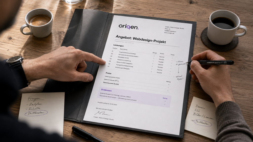 Kunde und oriqen besprechen gemeinsam ein Webdesign-Angebot mit handschriftlichen Notizen – persönliche Beratung der Digitalagentur aus Paderborn