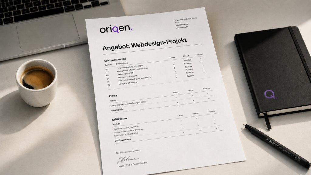 oriqen Angebot für ein Webdesign-Projekt auf dem Schreibtisch – transparente Preisgestaltung der Digitalagentur aus Paderborn