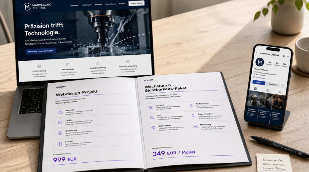oriqen Angebot für Webdesign-Projekt und Wachstums- und Sichtbarkeits-Paket auf dem Schreibtisch – mit fertiger Website auf Laptop und Instagram-Profil auf Smartphone
