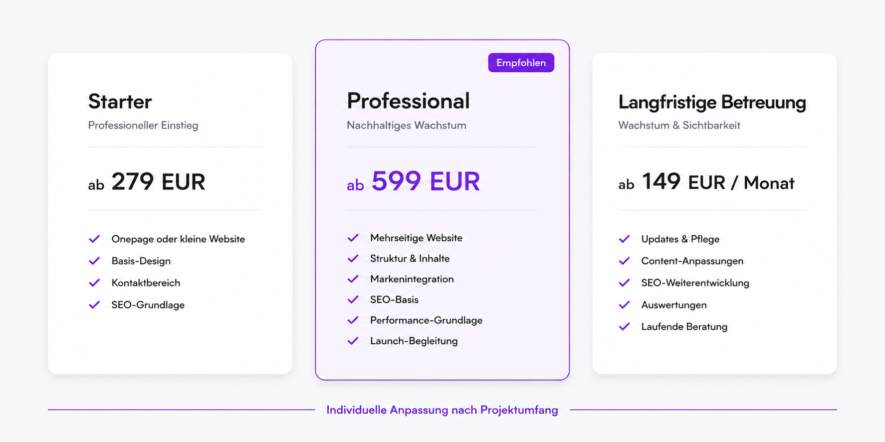 Webdesign-Preisübersicht der Digitalagentur oriqen: Starter ab 279 Euro, Professional ab 599 Euro, Langfristige Betreuung ab 149 Euro monatlich – für Unternehmen in Paderborn