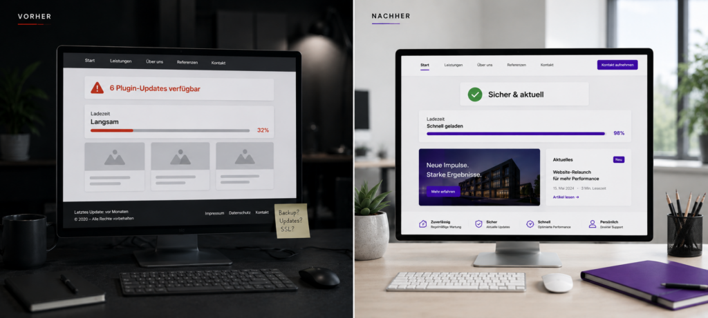 Vorher-Nachher-Vergleich einer WordPress-Website ohne und mit professioneller Betreuung – langsame unsichere Website links, gepflegte schnelle Website rechts