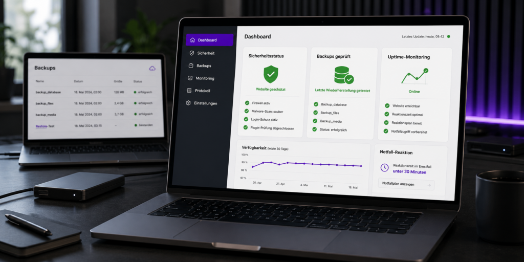 WordPress-Wartungs-Dashboard auf Laptop mit Sicherheitsstatus, Backups und Uptime-Monitoring – Website Betreuung durch oriqen Paderborn