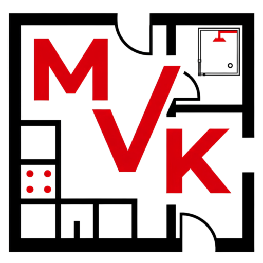 MVK Küchen & Raumdesign Logo Icon Grundriss mit Küche und Glasdusche, weiß