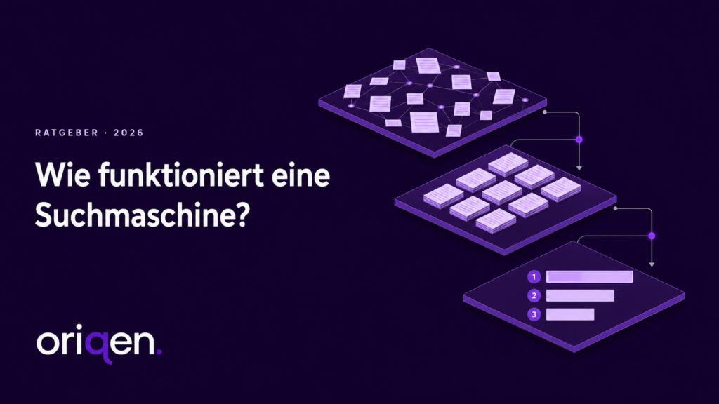 Isometrische Grafik der drei Stufen einer Suchmaschine: Crawling, Indexierung und Ranking, als Beitragsbild zum oriqen Ratgeber über Suchmaschinen