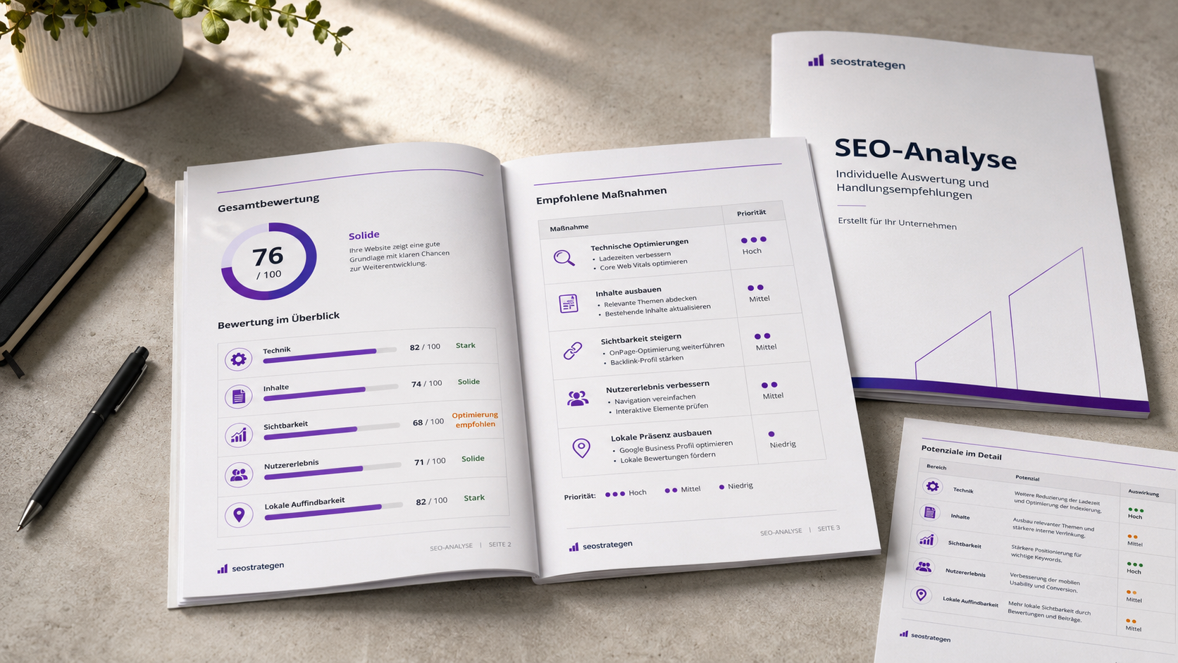 Aufgeschlagener SEO-Analyse-Bericht mit Gesamtbewertung, Bewertungsübersicht und empfohlenen Maßnahmen – SEO-Audit für Unternehmen in Paderborn und OWL