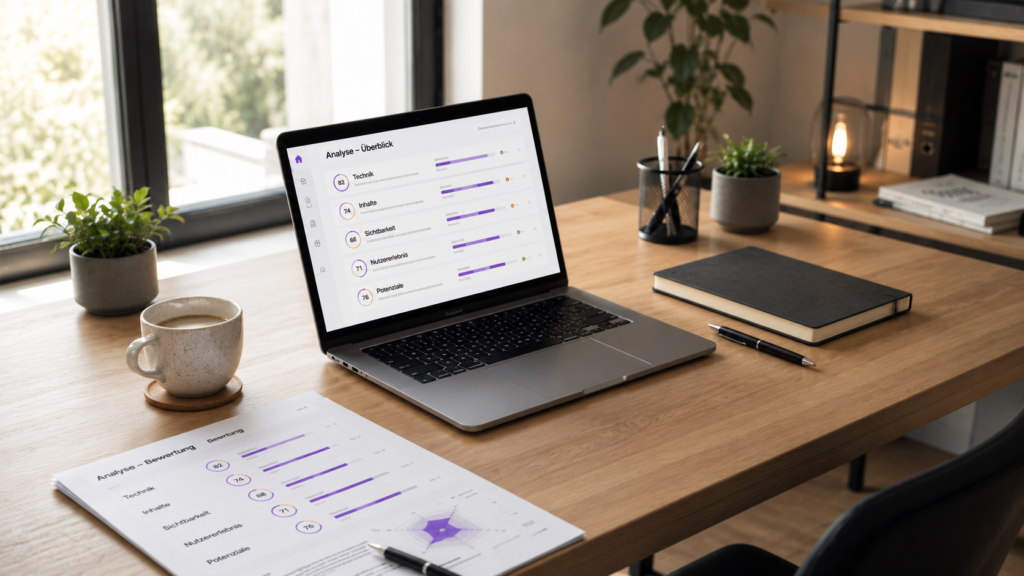 SEO-Analyse-Überblick auf Laptop und ausgedrucktem Bericht – Bewertung in den Kategorien Technik, Inhalte, Sichtbarkeit, Nutzererlebnis und Potenziale durch oriqen Paderborn