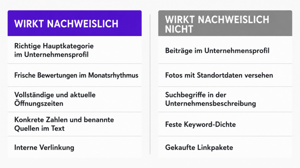Zweispaltige Gegenüberstellung von SEO-Maßnahmen, die nachweislich wirken, und Maßnahmen ohne belegte Wirkung
