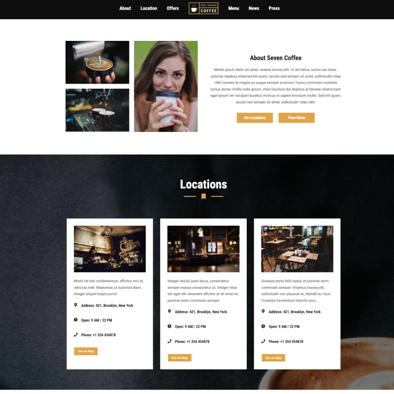 Über-uns-Sektion und Standortübersicht einer professionellen Café-Website – Webdesign Referenz