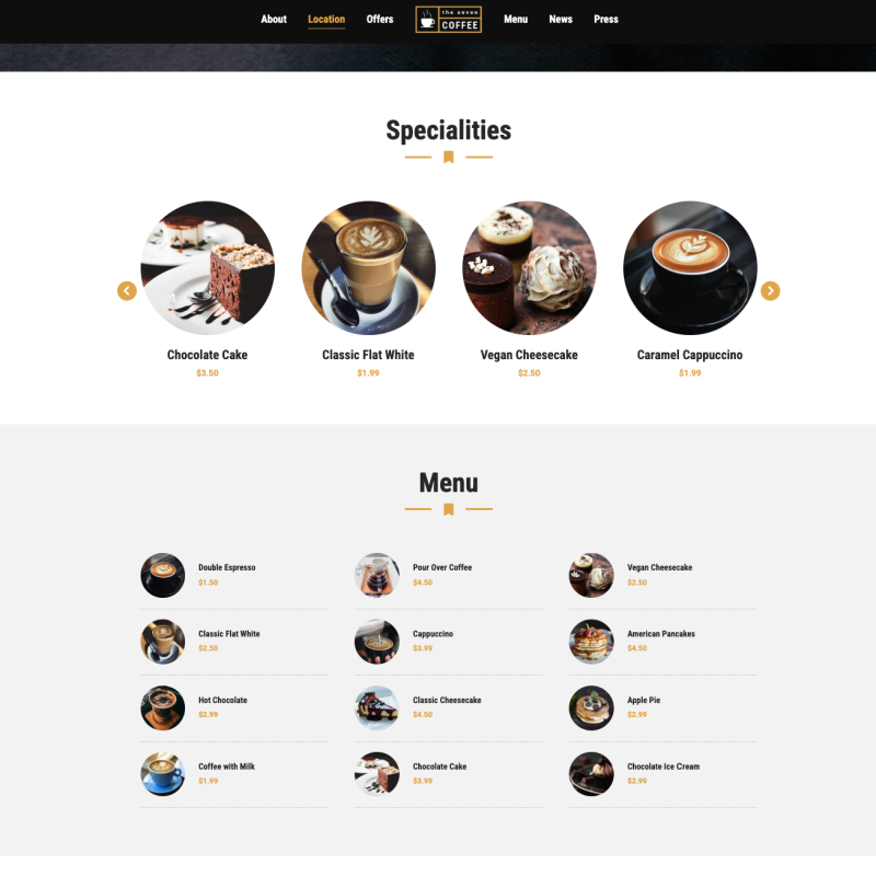 Spezialitäten-Slider und Menüübersicht einer professionellen Café-Website – Webdesign Gastronomie