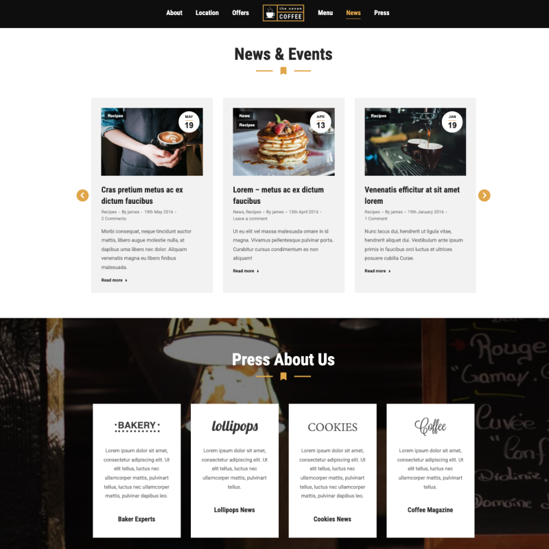 News- und Events-Übersicht mit Pressbereich einer professionellen Café-Website – Webdesign Beispiel