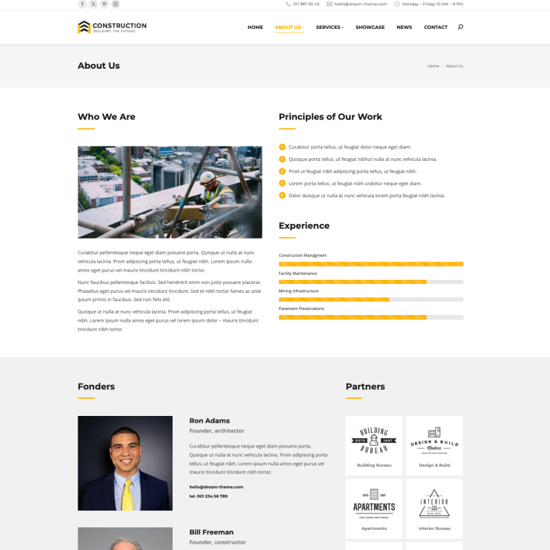 Über-uns-Seite mit Unternehmensvorstellung, Kompetenzbalken und Gründerbereich – Webdesign Beispiel