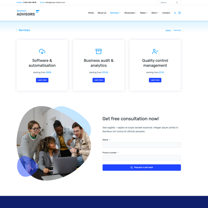 Leistungsseite mit Preiskarten und Kontaktformular – professionelles Webdesign für Dienstleister