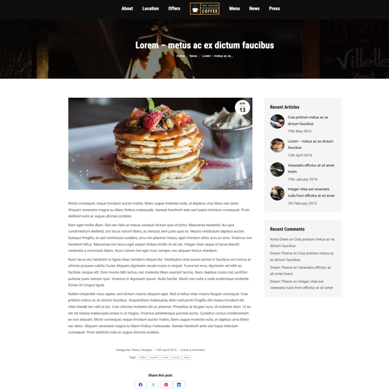 Blog-Detailseite einer Café-Website mit Artikeltext und Sidebar – Webdesign Referenz Gastronomie
