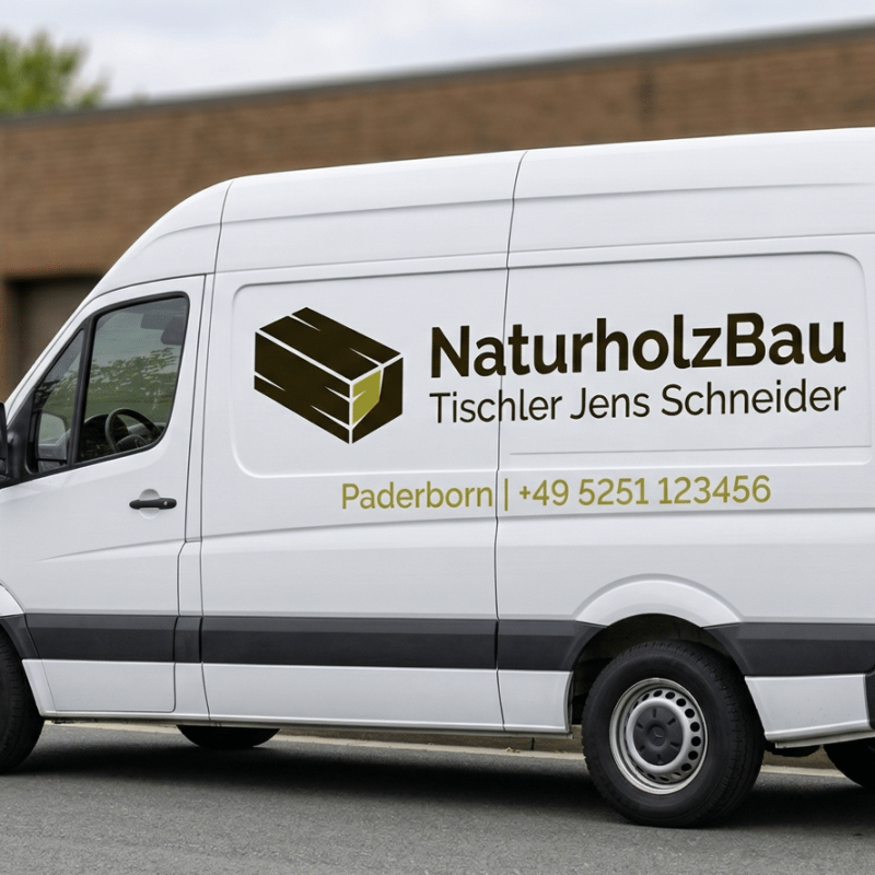 Beschrifteter Transporter NaturholzBau Tischler Paderborn – Markenauftritt für Handwerksbetriebe